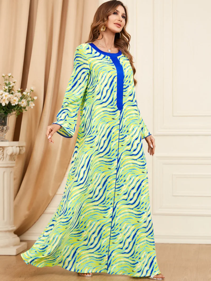 Ramadan Jalabiya Modest Muslim Moroccan Kaftan Dubai Turkey Wave Print Casual Maxi Long Dress For Women Eid-al-Adha 2023 New