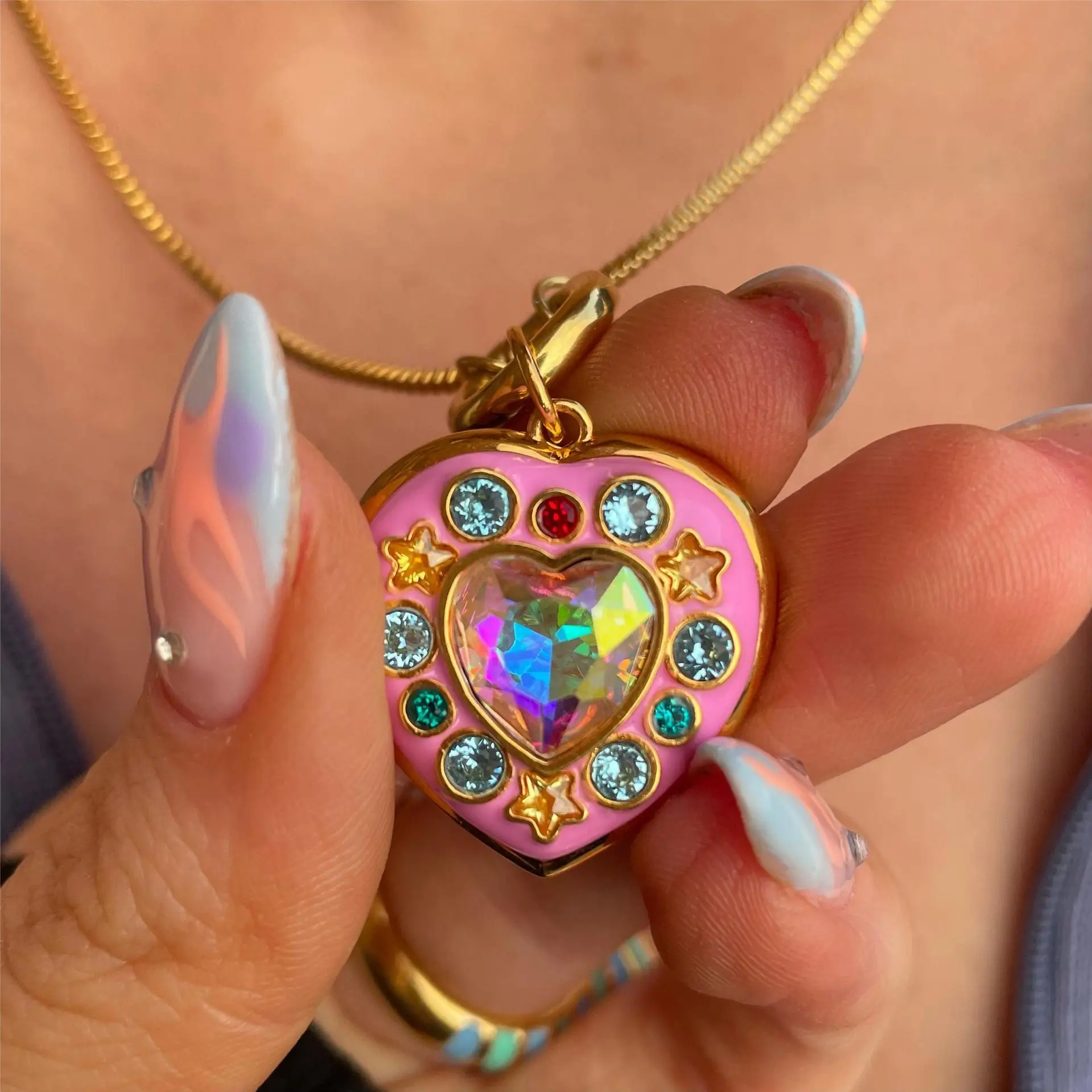 

2023 New Fashion Pink Drip Glaze Heart-shaped Photo Frame Pendant Necklace Colorful Crystal Necklaces Women Men Charm Jewelry