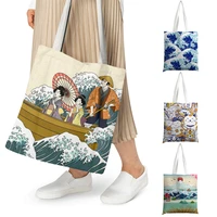 japanese style ukiyo e printing canvas tote bag for men wave lucky cat mt fuji art shoulder bag travel shopping women handbag