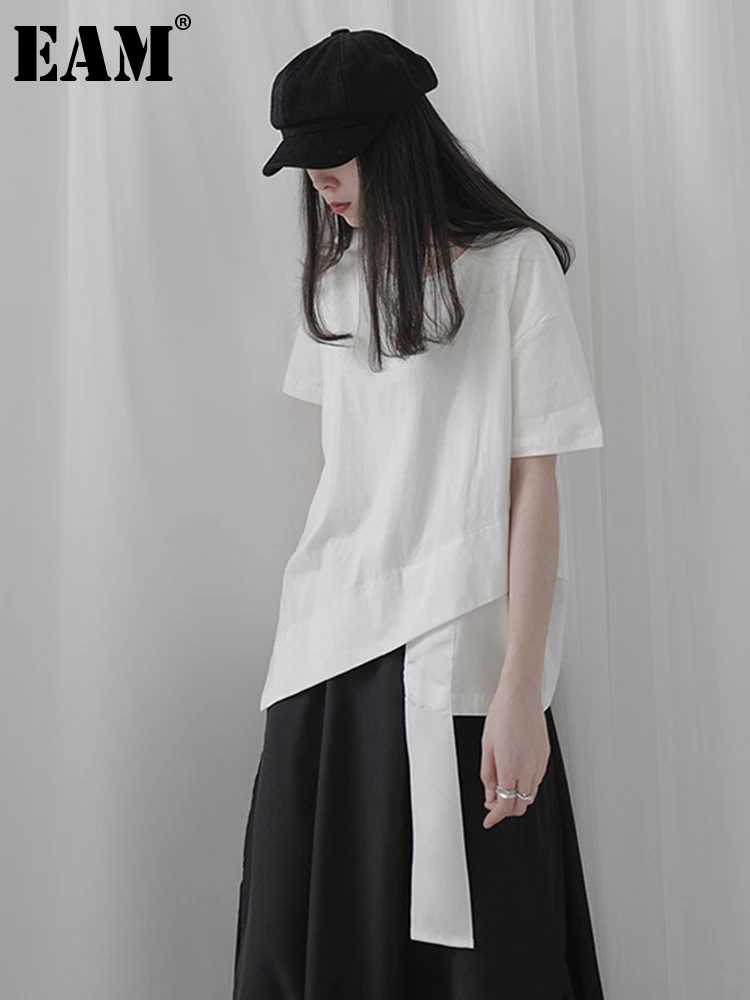 [EAM] Женская Асимметричная футболка большого размера с белой лентой новая модная
