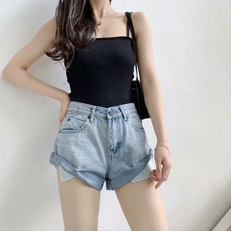 2021 Friction Flanging Pocket High Waist Denim Shorts Women Summer Trend Korean Harajuku Casual Short Jeans Female Streetwears
