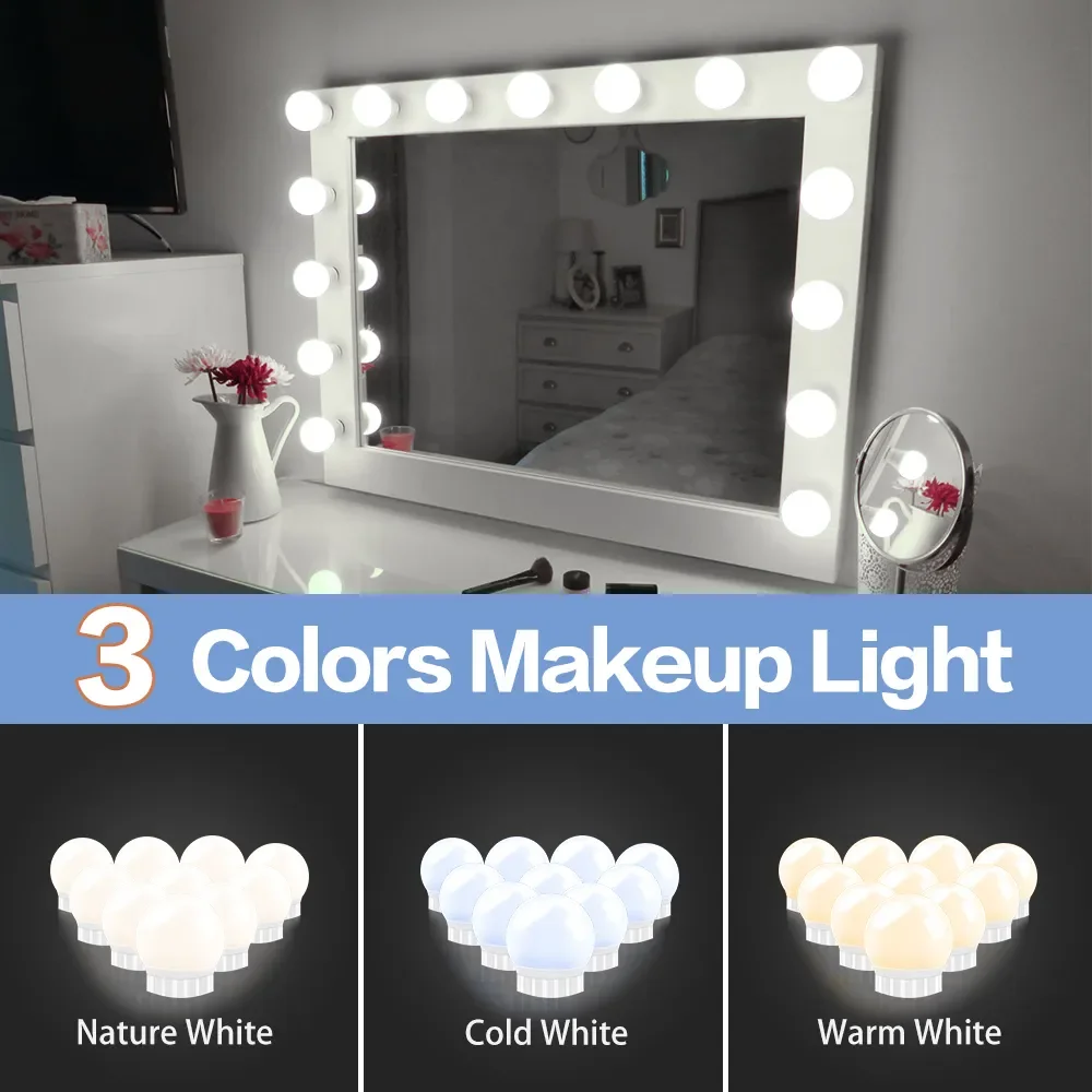 

NEW 3 Modes Colors Makeup Mirror Light Led Touch Dimming Vanity Dressing Table Lamp Bulb USB 12V Make Up Mirror Wall Lamp