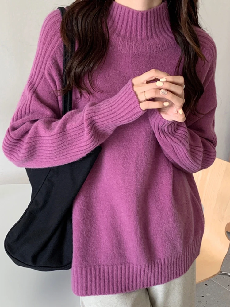 

Ailegogo новинка осень зима Женская водолазка плотный теплый свитер повседневные женские однотонные свободные вязаные пуловеры верхняя одежда Топы