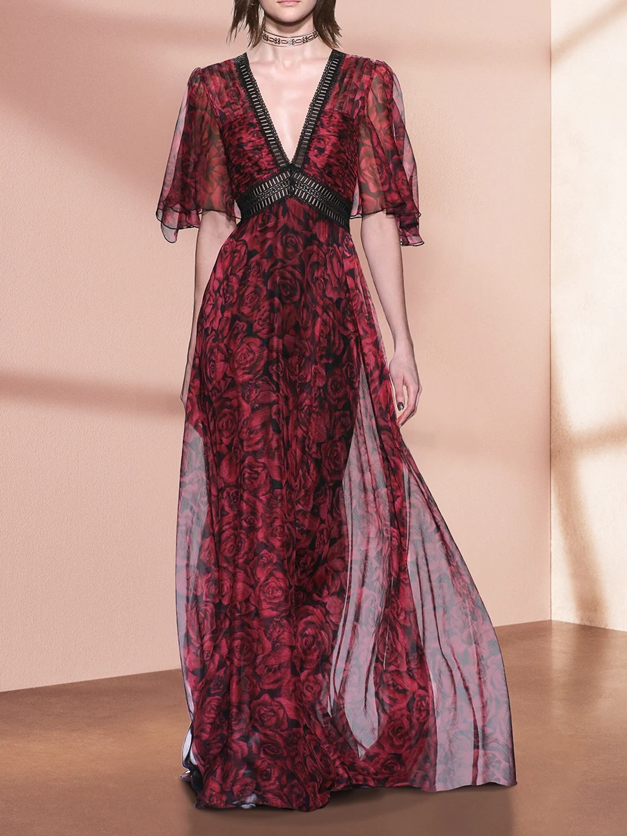 Summer Chiffon Dress 2023 New Fashion Red Rose Print Sexy V-Neck Collection Waist Long Dress Free Shipping