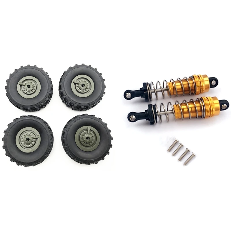 

NEW-Rc Car Tires Truck 4Pcs(Including Wheels) With 2Pcs Metal Shock Absorber Yellow