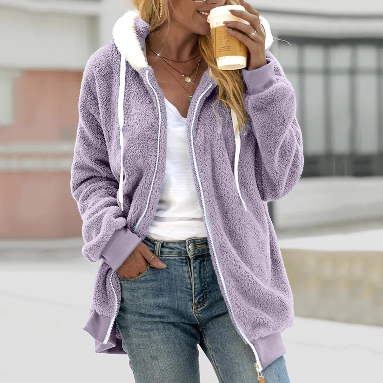 

Autumn Winter Coat Women Warm Teddy Bear Coat Wool Jacket Female Plush Coat Hooded Jacket New Women'S Coats Solid Color Jacket