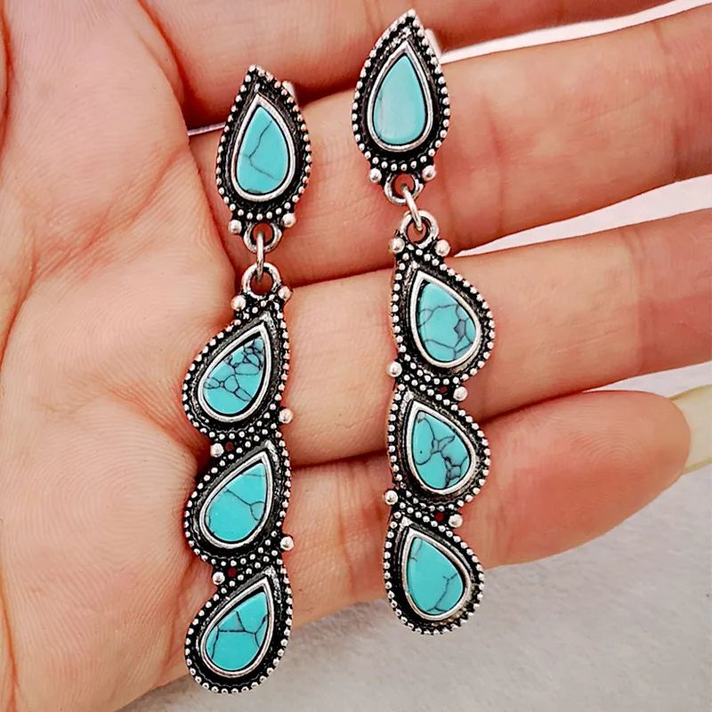 

2023 Cute Women Earrings Gold Jeweler Gothic Accessories Drop-Shaped Retro Long Leaf Shaped Turquoise Earrings Korean Fashion