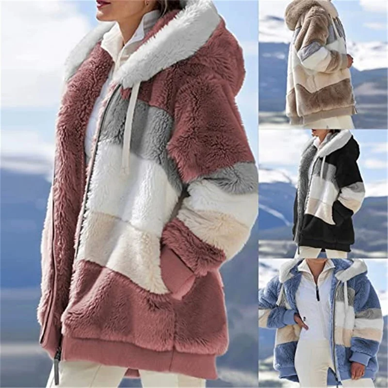 Women Hooded Jackets Winter Fleece Warm Zipper Casual Patchwork Coats Faux Fur Long Cardigan Jacket Womens Relaxed Warm Outerwer