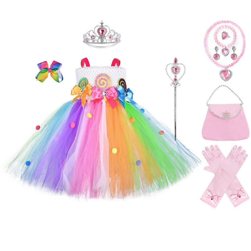 Радужный леденец платье принцессы корона волшебная палочка сумка перчатка