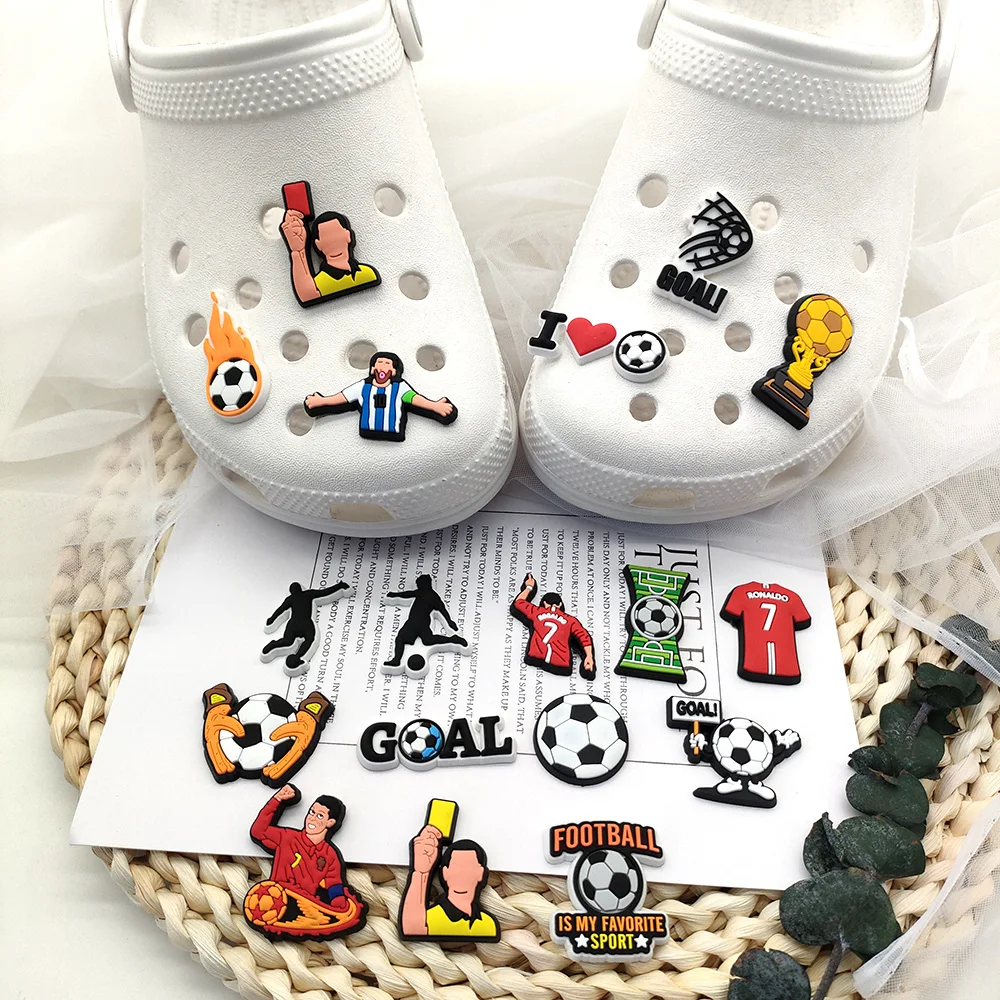

New 18pcs/set Types of football Shoe Charms PVC Shoe Accessories Sandals Decoration for croc Charms jibz kids X-mas gift