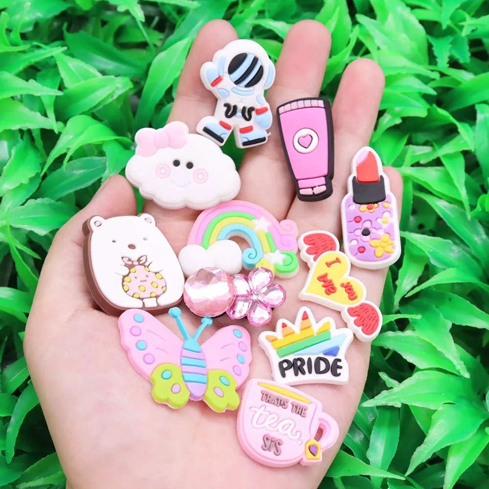 

1-12Pcs Astronaut Girls Rainbow Tea Butterfly Crystal PVC Sandals Shoe Charms Buckle Clog Decoration Fit Wristbands Croc Jibz