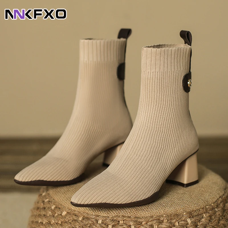 

New Women Sock Boots Fashion Pointed Toe Elastic Knitted Boots High Heels Shoes Ankle Boots Women Pumps Slip On Booties vc5076