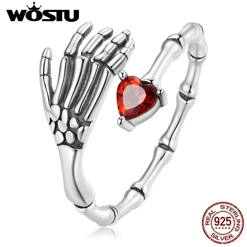 WOSTU-Anillo de Plata de Ley 925 con forma de hueso, joyería fina con diseño de calavera de Halloween, apertura de mano, amor rojo sangre, circonita, regalo