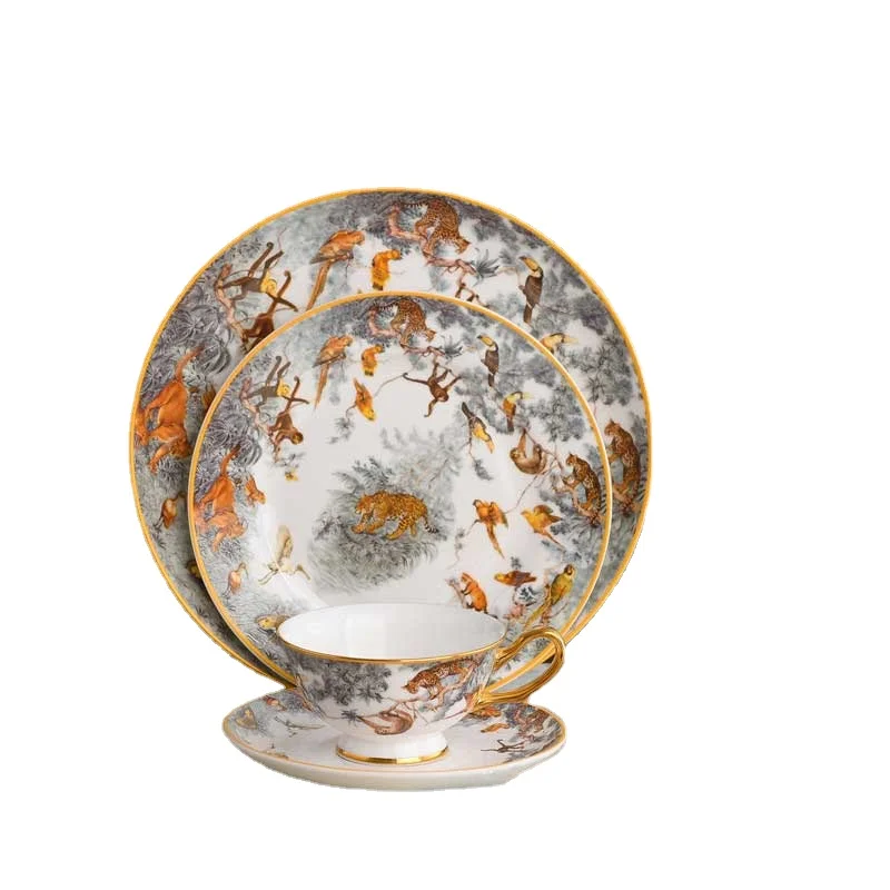 

Luxury Porcelain Equatorial Jungle Plate Ceramic Animal Dishes Collectible Tableware Tiger Cup Cake Tray Dessert Plate Home Deco