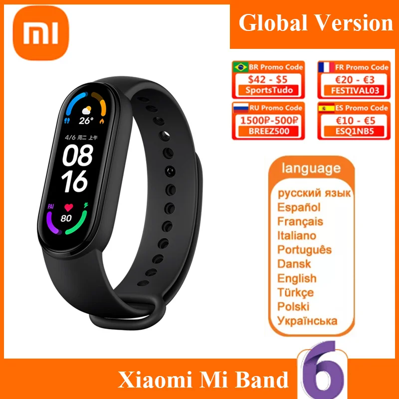 

Xiaomi Mi Band 6 Global Version Smart Bracelet 5 Color AMOLED Screen Blood Oxygen Fitness Traker Bluetooth Waterproof Smart Band
