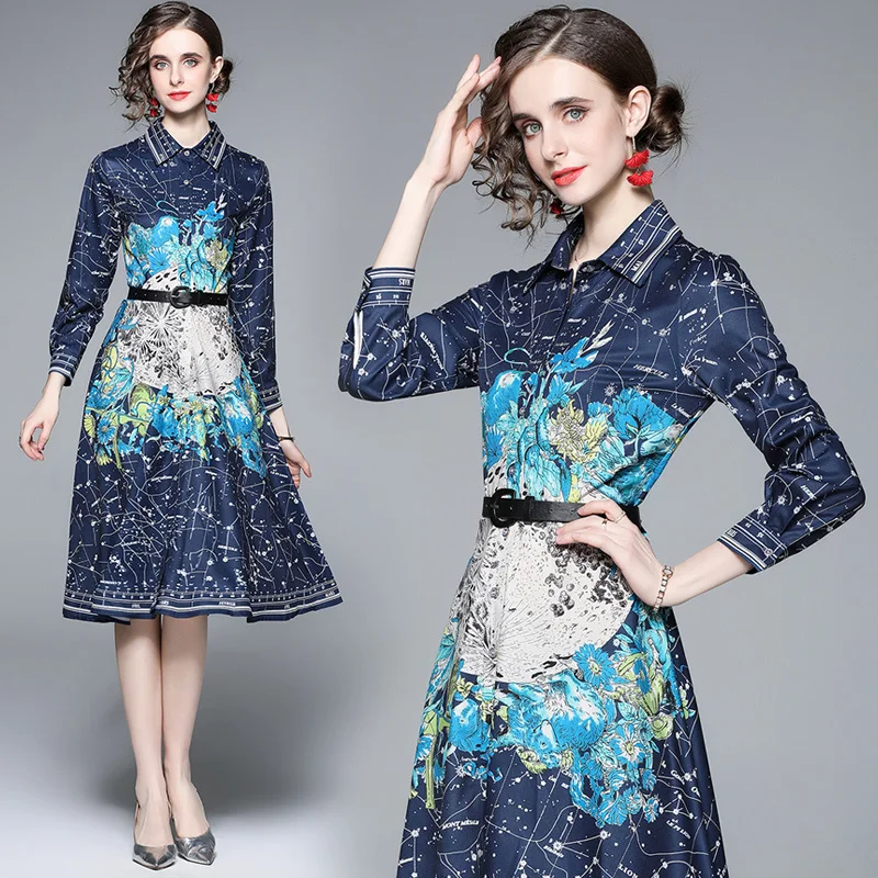 

Women's Clothes Spring 2022 Long Sleeve Dresses Starry Blue Sky Women Elegant Office Party Casual A-line Printed Shirt Dress