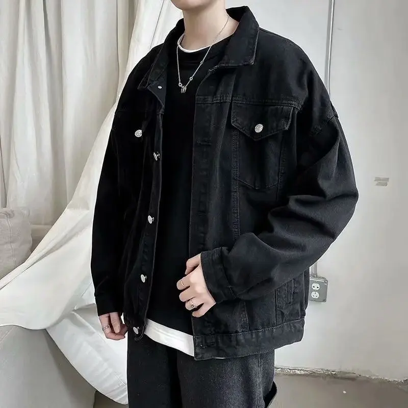 

Куртка мужская джинсовая короткая, Повседневная ветровка, комбинезон с карманами, уличная одежда-бомбер, Черная