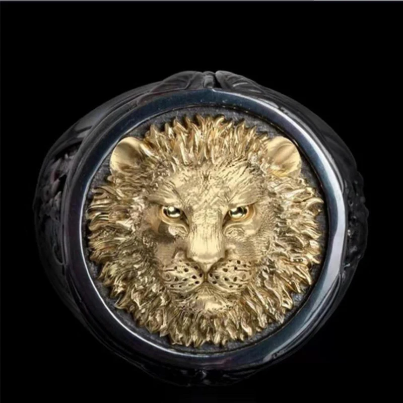 

MFY Vivid Big Golden Lion Head Men Black Ring Two-tone Luxury Rings Punk Rings Men Gifts Angel And Demon Ring For Male