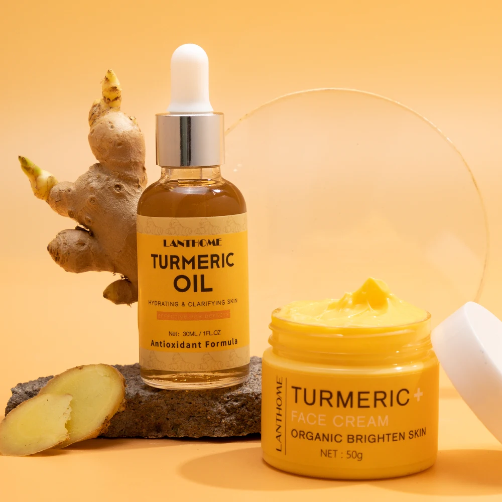 2Pcs/Set Turmeric Skin Care Set Natural Organic Moisturizing Whitening Facial Essence Oils Nourish Smooth Face Skin Care Serum