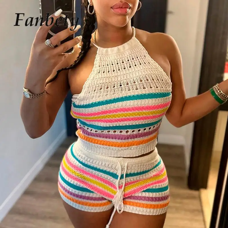 

Комплект из двух предметов Женский трикотажный, элегантный топ с лямкой на шее и шорты, Повседневная пляжная одежда в стиле бохо, модный Радужный костюм для отдыха, лето-весна