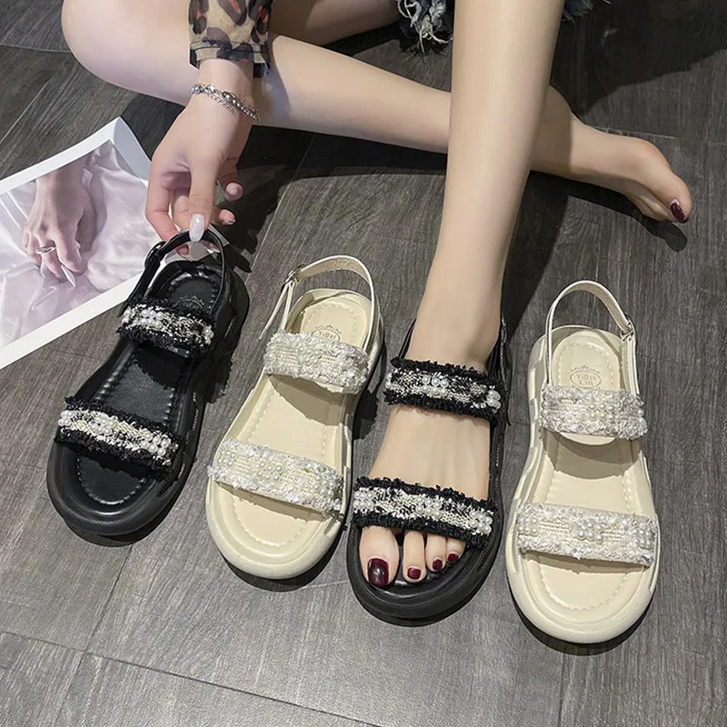 

Clear Heels Low Sandals Woman Leather Shoes Lady 2022 All-Match Muffins shoe Suit Female Beige Soft Low-heeled New Flat Pearl Gl