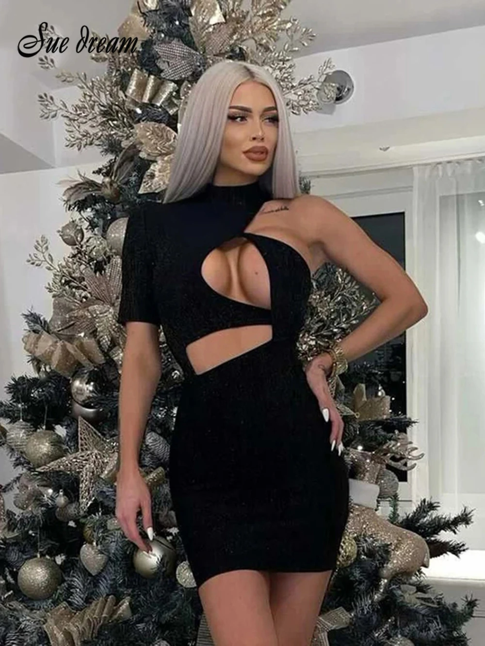 

New Women's Sexy Stand Collar One Shoulder Hollow Shiny Bodycon Bandage Dress Fashion Black Celebrity Nightclub Party Dresses