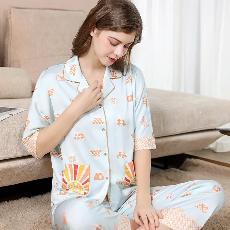 The New Summer Ice Silk Pijamas Set for Women Mid-sleeve Thin Section Silk Women Pajama Elegant Night Wears Loungewear Sets