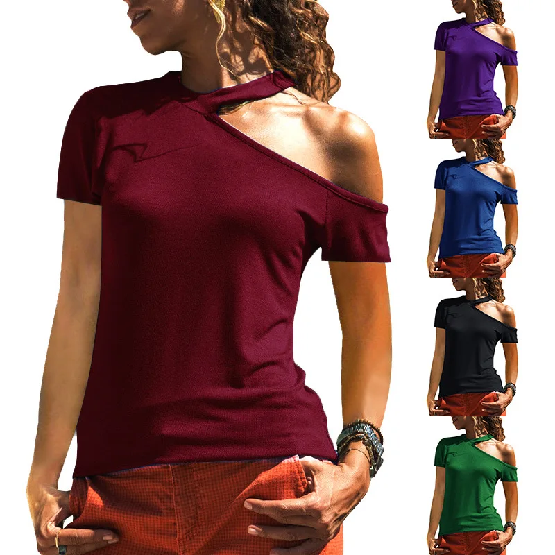 

2023 Summer New Women's casual beveled off shoulder short sleeve shirt women