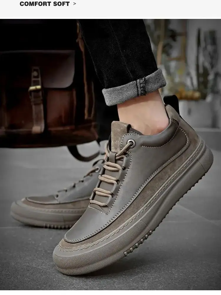 

Men's Spring Autumn Leather Casual Shoes Soft Sole Anti-Skid Were Resistant High Top Breathable Comfortable Outdoor Work Shoes