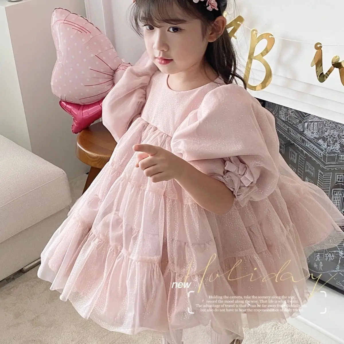

Princess Dresses O-neck Collar Puff Sleeve A-line Pullover Cotton Voile Sweet Lovely Designable New Korean Children Girls