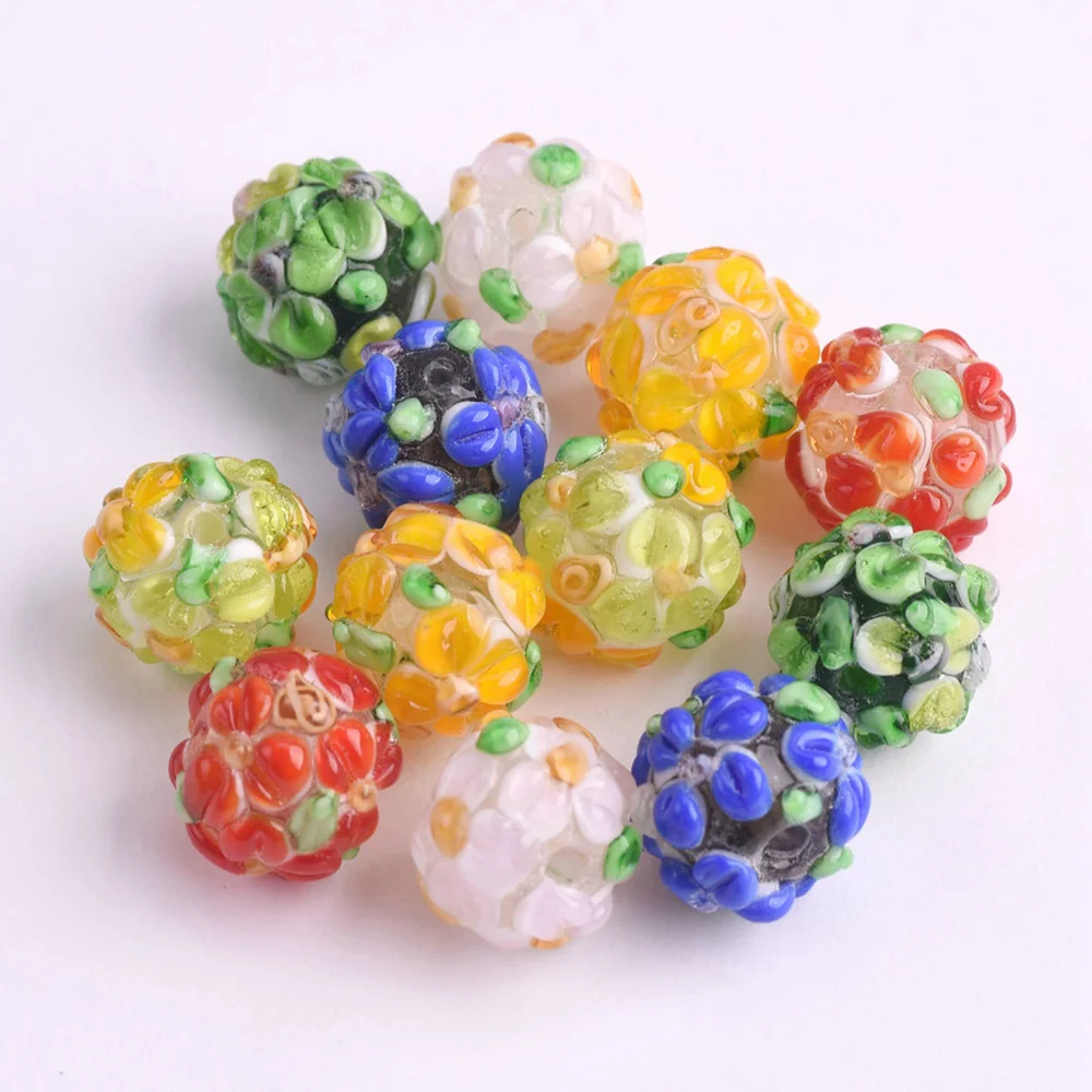 

5pcs Round Shape 12mm Charms Flower Petals Handmade Lampwork Glass Loose Beads for Jewelry Making DIY Crafts Findings