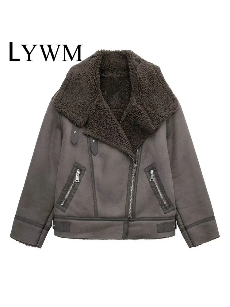 

LYWM Women Fashion Double Sided Jacket Coat With Pockets Vintage Lapel Neck Front Zipper Long Sleeves Female Chic Outfits