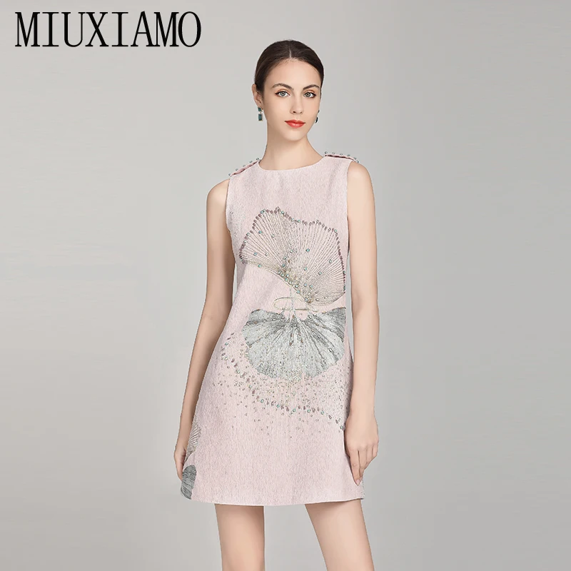 

MIUXIMAO High Quality 2022 Spring&Summer Luxurious Dress Newest Diamonds Stereo Flower Casual Eleghant Dress Women Vestidos