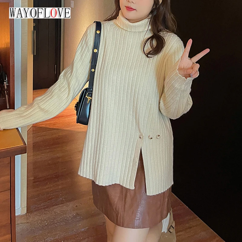 

WAYOFLOVE High-Quality Turtleneck Knitted Sweaters Women Solid Button Pullover Top Autumn Winter Sweater Women Pull Oversize 3XL