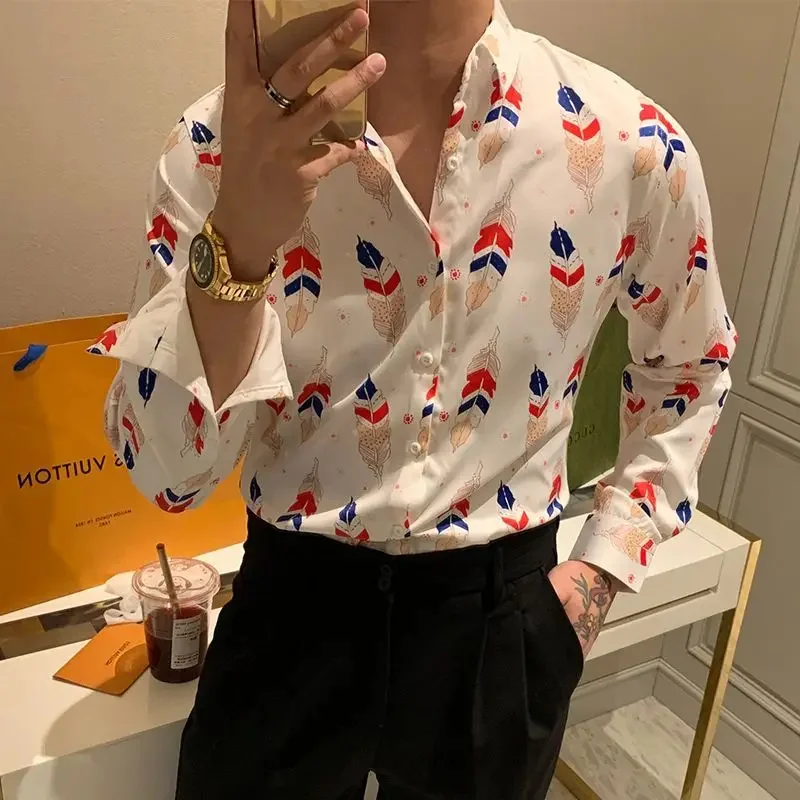 

Мужская приталенная рубашка с принтом, Повседневная блузка с длинными рукавами и лацканами, на пуговицах, модель I228, весна-осень 2023