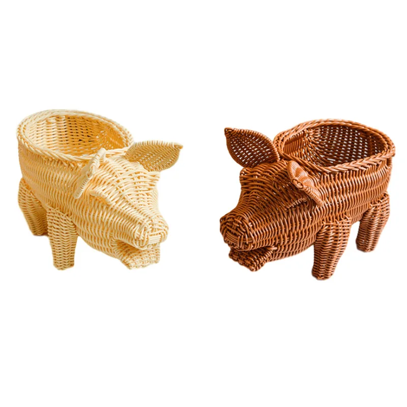 Imitation Rattan Knitted Basket Pig Animal Shape Snack Basket Fruit Bread Basket