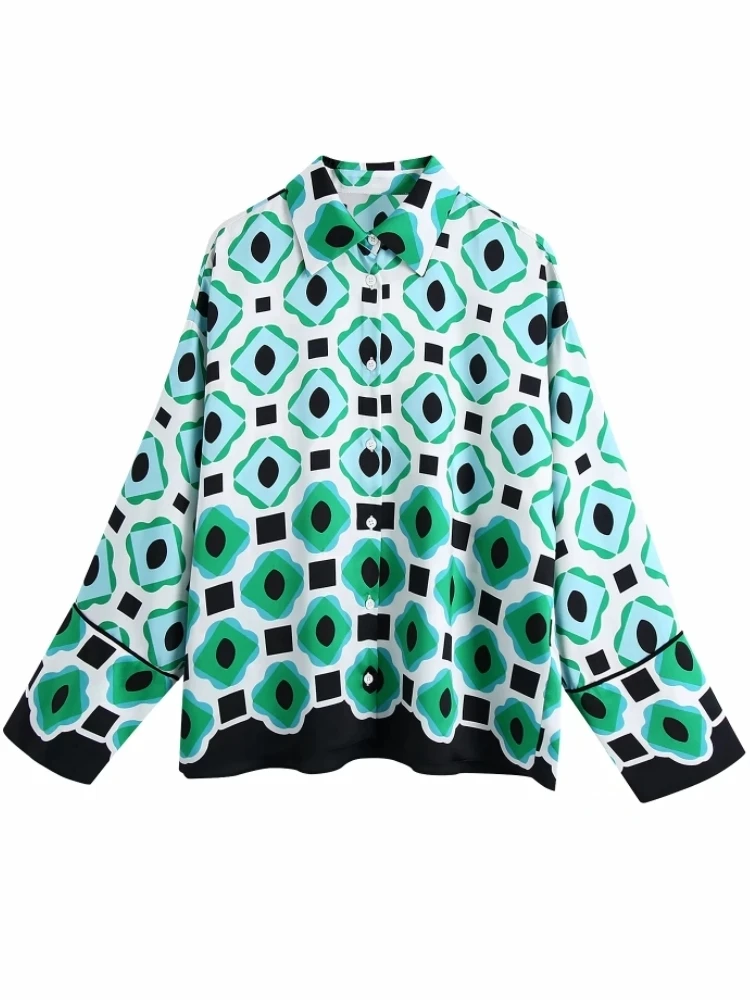 

Женская свободная рубашка с геометрическим принтом, женская блузка с длинным рукавом, повседневные женские топы с отложным воротником, блу...