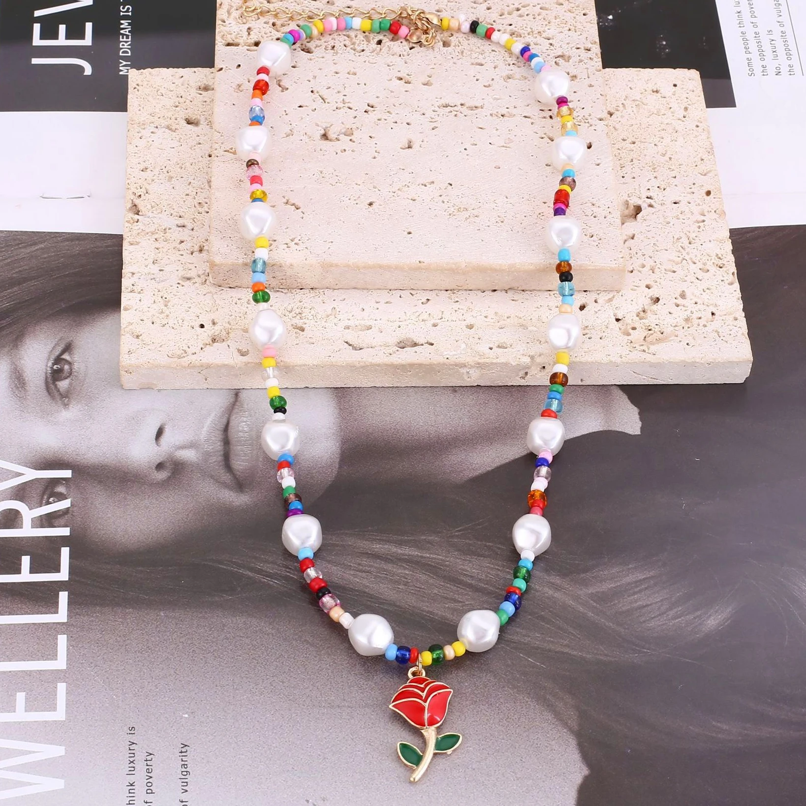 

Bohemian Beaded Imitation Pearl Multicolor Mosaic Rose Pendant Necklace