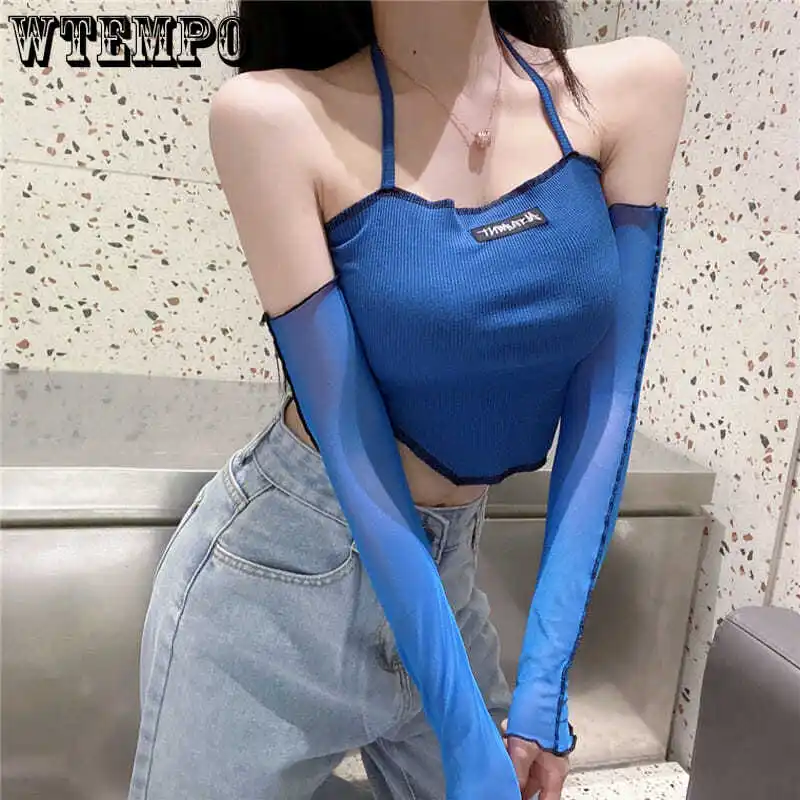 Long Sleeve Glove Shirt Blue Y2k Woman Tshirts Sexy Halter Strap Off-the-shoulder Slim Crop Tops Summer Trendy Top Egirl