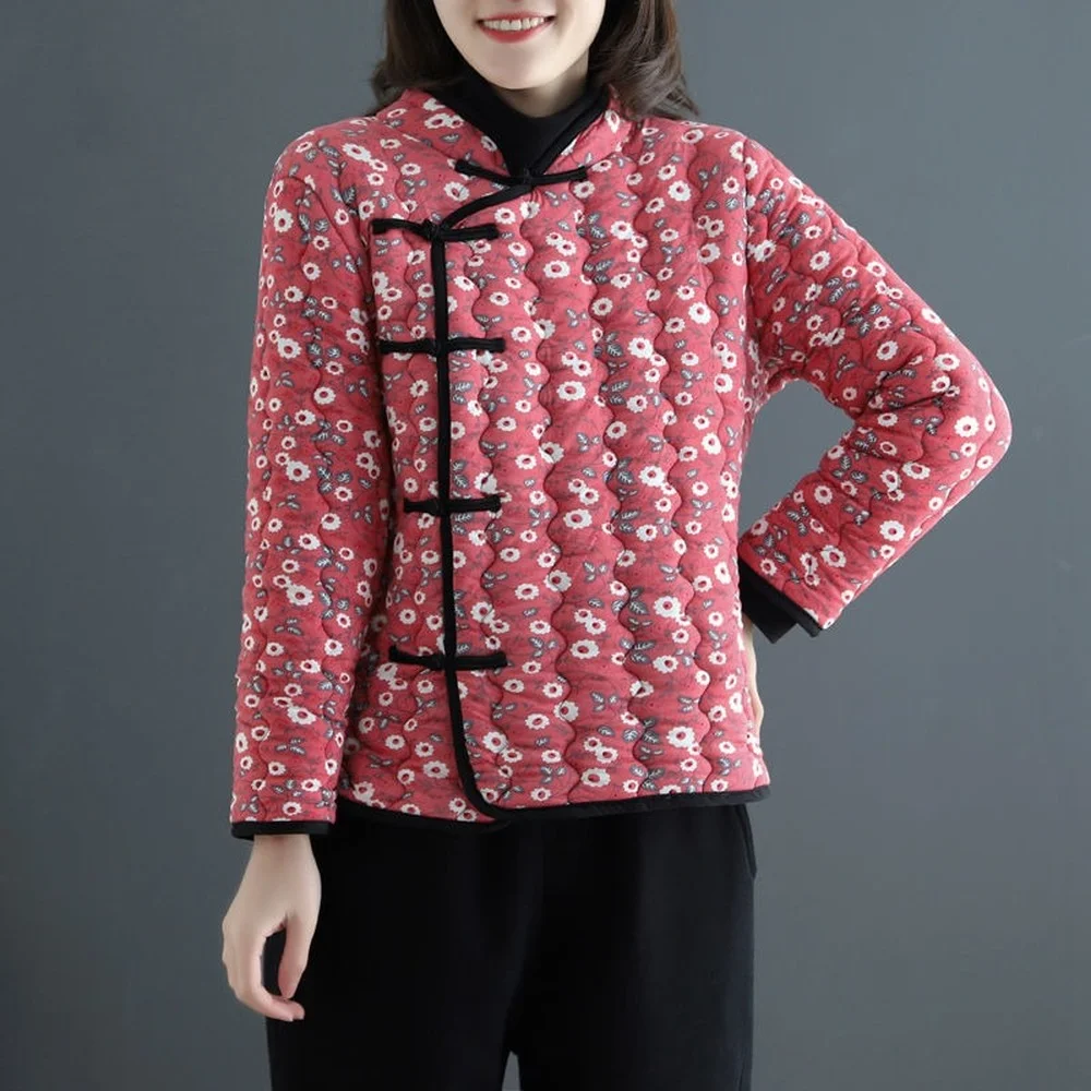 

Женская осенне-зимняя хлопковая стеганая куртка с цветочным узором, новая куртка в стиле ретро, костюм Тан, традиционное китайское пальто