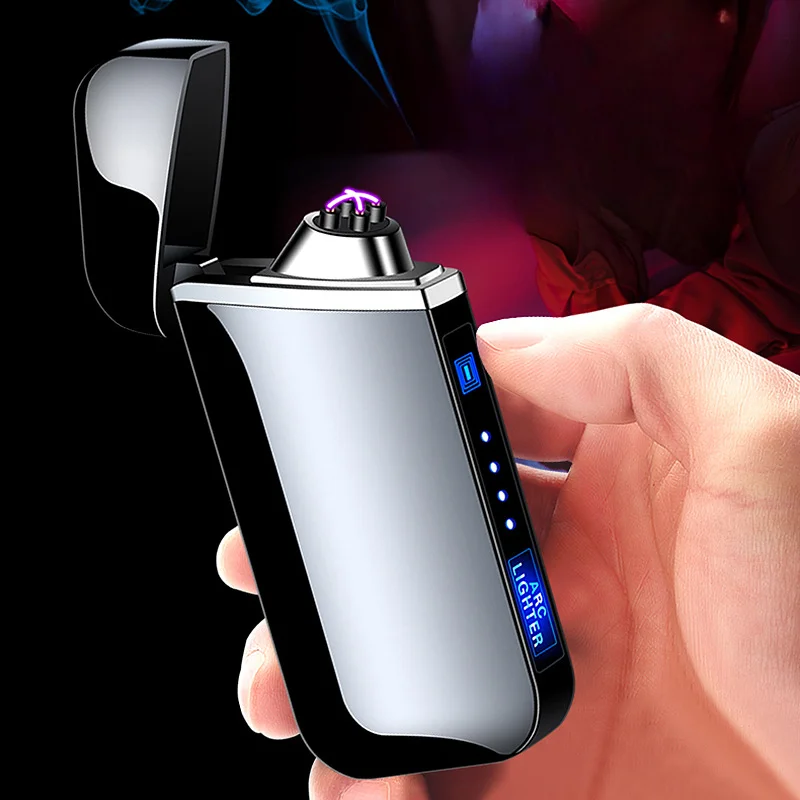 

Windproof Metal Flameless Electric Lighter Dual Arc Plasma USB Lighter LED Power Display Touch Induction Lighter