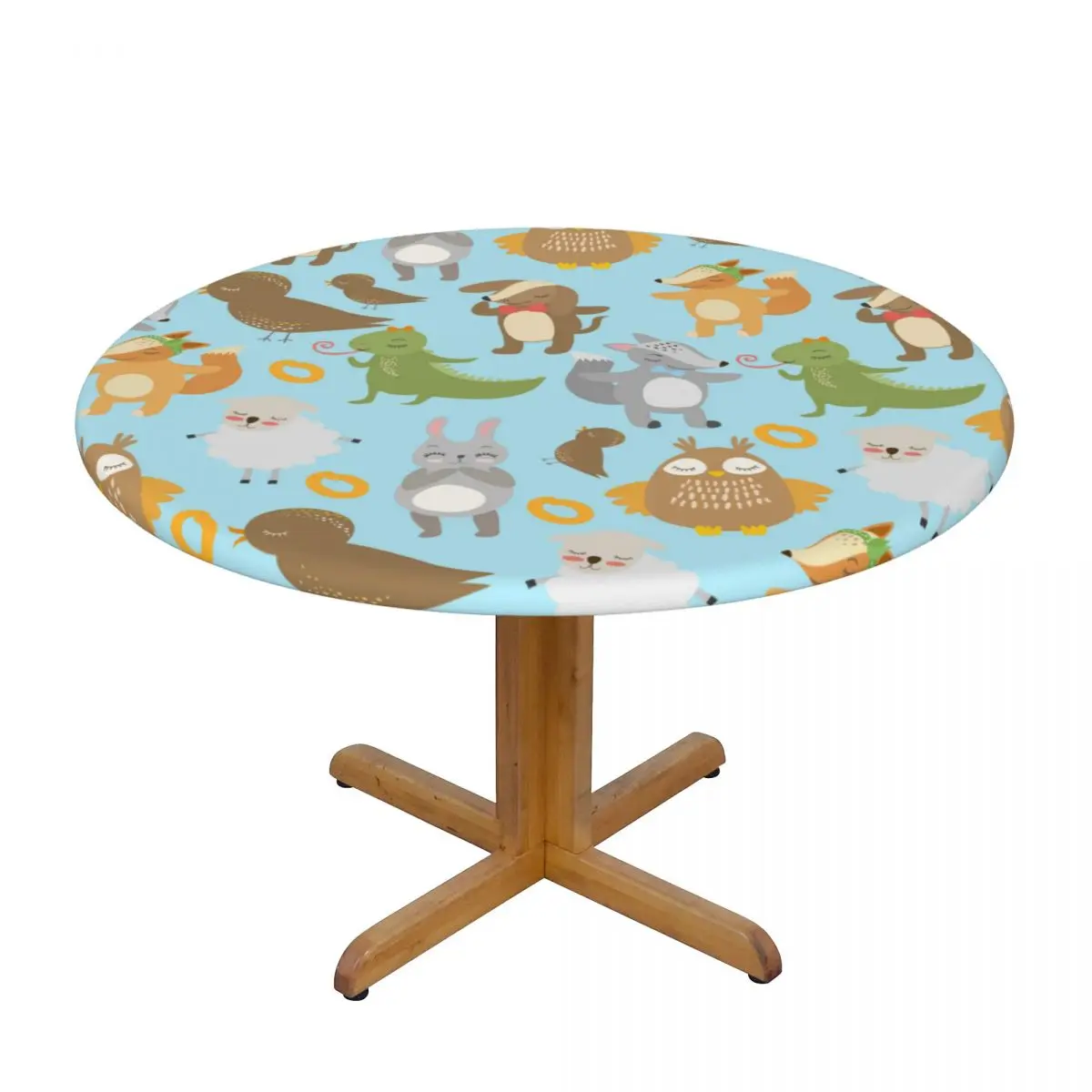 

Round Table Cover Cloth Protector Polyester Tablecloth Cute Birds Forest Animals Fitted Table Cover with Elastic Edged