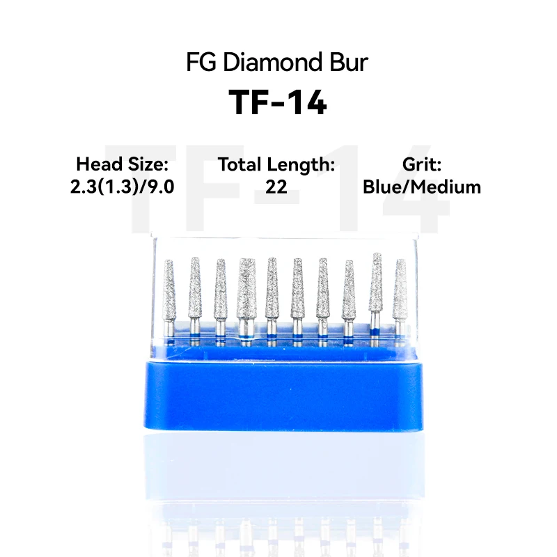 

10pcs Dental Clinic Products TF-14 172-023M Diamond Bur FG High Speed 2.3（1.3）/9.0 22.0 Blue Medium Intra-oral Tools Material