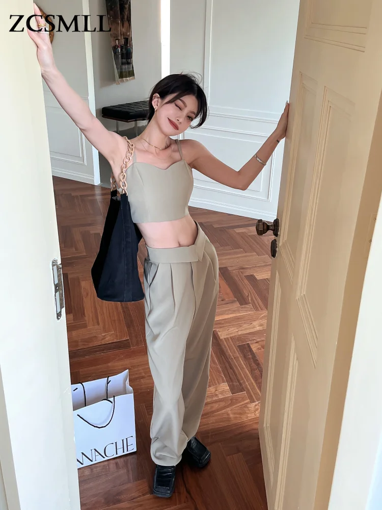 

ZCSMLL Summer Two Piece Sets Womens Outifits Wide Leg Pants Suits And Top Set Matching Set Khaki Black Crop Top Korean Fashion