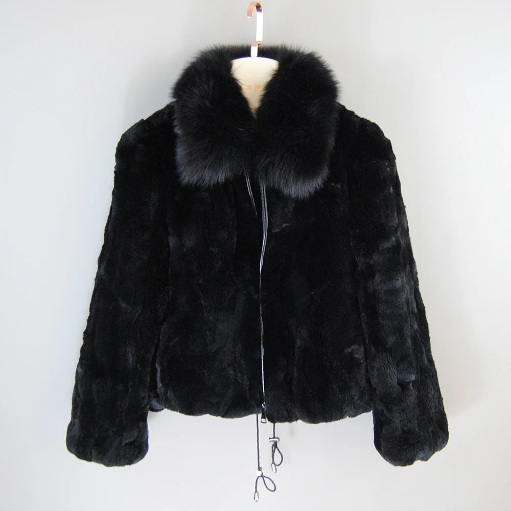 New Fashion Lady 100% Natural Rex Rabbit Fur Coat Women Winter Thick Warm Real Rex Rabbit Fur Jacket With Quality Fox Fur Collar enlarge