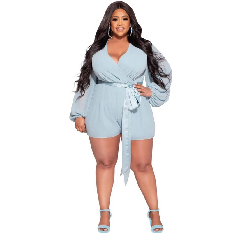 Summer Plus Size Women's Solid Chiffon Fashion Sexy Jumpsuit with Adjustable Belt Loose Romper Shorts Women Clothes 2022 4XL 5XL
