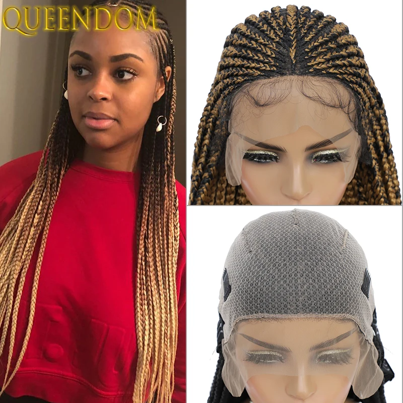 36 Inch Box Braids Lace Frontal Wig Ombre Blond Cornrow Box Braided Wig with Baby Hair Synthetic Knotless Braid Lace Front Wigs