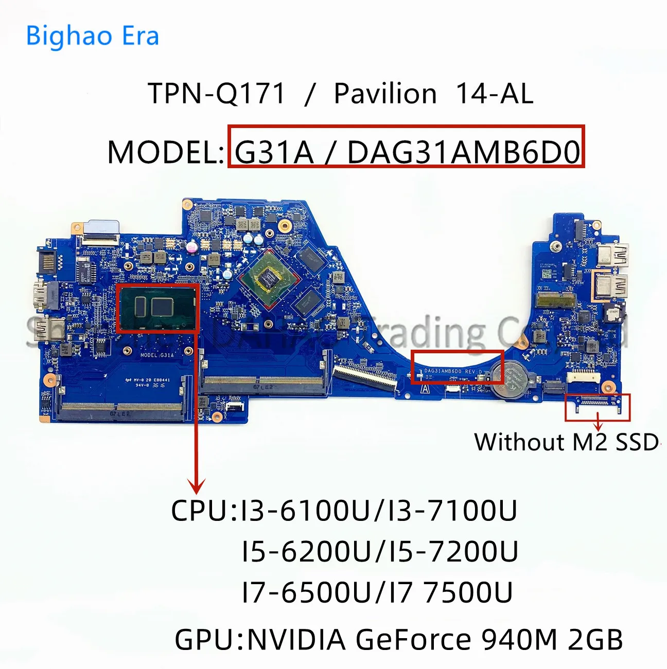 

Материнская плата для ноутбука HP Pavilion 14-AL G31A DAG31AMB6D0 TPN-Q171 с процессором I3/ I5/ I7 GT940M 2G-GPU