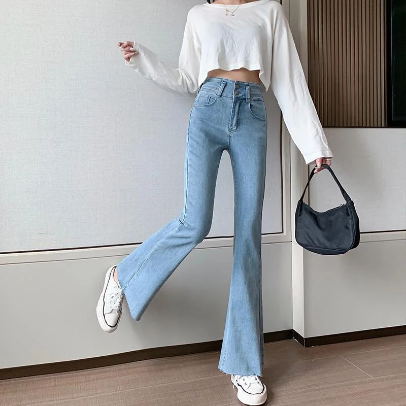 

Korean Fashion Jean Elegant Bottom Pants Vintage Burrs High Waist Flared Jeans for Women Two Button Denim Trousers Female 2023