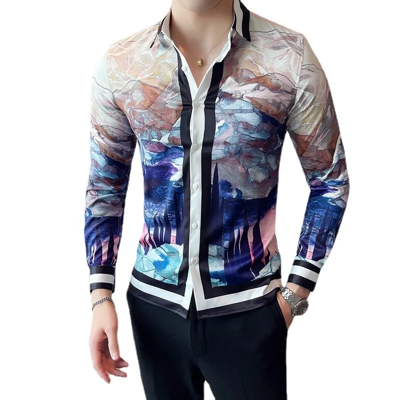 

Новинка 2023, рубашка в европейском и американском стиле, Мужская универсальная Облегающая рубашка с индивидуальным принтом и длинными рукавами в Корейском стиле